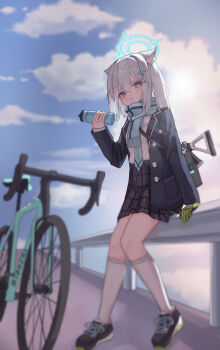 1girl absurdres animal_ear_fluff animal_ears assault_rifle bag bicycle black_jacket black_skirt blazer blue_archive blue_eyes blue_jacket blue_necktie blue_scarf blurry bottle closed_mouth cloud cross_hair_ornament daily_time depth_of_field extra_ears full_body gloves green_gloves grey_hair gun hair_between_eyes hair_ornament halo highres holding holding_bottle jacket kneehighs long_sleeves looking_at_viewer mismatched_pupils necktie on_railing open_clothes open_jacket outdoors plaid_clothes plaid_skirt pleated_skirt railing rifle scarf school_uniform shiroko_(blue_archive) shirt shoes sig_sauer single_glove sitting skirt sky sneakers socks solo water_bottle weapon white_shirt white_socks wolf_ears