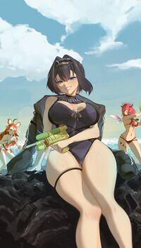 3girls absurdres animal_ears bikini black_bikini black_hair black_horns black_jacket black_streaks blue_one-piece_swimsuit blue_sky breasts chain chain_headband cleavage_cutout clothing_cutout crystal_wings double_bikini double_halo grey_eyes hakos_baelz hakos_baelz_(holonatsu_paradise) halo harikyon_dzs highres holding holding_water_gun hololive hololive_english holopromise horns irys_(hololive) irys_(holonatsu_paradise)_(hololive) jacket large_breasts long_hair medium_breasts medium_hair mouse_ears mouse_girl multicolored_hair multiple_girls navel ocean one-piece_swimsuit ouro_kronii ouro_kronii_(holonatsu_paradise) outdoors pink_hair red_bikini red_hair red_one-piece_swimsuit sky swimsuit thigh_strap virtual_youtuber water_gun white_streaks wings