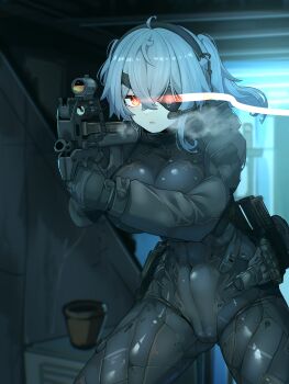 Rule 34 | absurdres, aiming, aiming at viewer, bodysuit, breasts, bullpup, covered navel, grey hair, gun, hair between eyes, headset, highres, holding, holding gun, holding weapon, impossible bodysuit, impossible clothes, impossible leotard, large breasts, leotard, m004 (natsukaze shigure), medium hair, natsukaze shigure, original, p90, skin tight, submachine gun, thighs, weapon