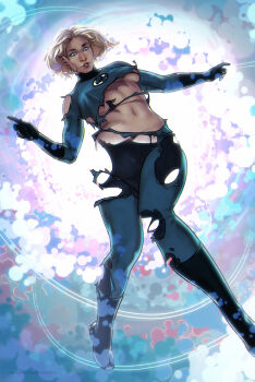 1girl absurdres black_gloves blonde_hair blue_eyes bodysuit breasts chromatic_aberration commentary covered_erect_nipples curvy dima_ivanov energy english_commentary film_grain full_body gloves halftone highres marvel mature_female medium_breasts medium_hair parted_lips partially_invisible solo sue_storm surprised toned toned_female torn_clothes underboob wide_hips x-men