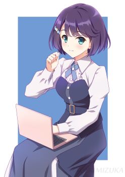 Rule 34 | 1girl, azabu mai, blue background, blue cross tie, blue dress, blue eyes, breasts, center frills, closed mouth, collared shirt, commentary request, computer, cross tie, dress, frilled shirt, frills, highres, ikizulive! love live! bluebird, invisible chair, juliet sleeves, kimizuka aoi, laptop, long sleeves, looking at viewer, love live!, medium breasts, object on lap, puffy sleeves, purple hair, shirt, short hair, sitting, smile, solo, split mouth, strapless, strapless dress, white shirt