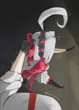 2girls absurdres ahoge black_boots black_gloves boots bow breasts carlotta_(wuthering_waves) dress gloves hair_bow hairband highres holding huge_ahoge jacket large_breasts lennykaise lifting_person meme meme_request midair multiple_girls necktie pink_bow pink_hairband pink_jacket pov red_necktie thigh_boots thighs white_dress white_hair wuthering_waves zani_(wuthering_waves)