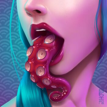 1girl aqua_hair artist_name blue_background blue_hair close-up commentary_request dated hair_over_shoulder head_out_of_frame lips long_hair long_tongue octopus octopus_tentacles open_mouth original patterned_background sevi solo striped suction_cups teeth tentacle_tongue tentacles tongue upper_teeth_only