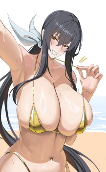 1girl absurdres armpits bikini black_hair blush breasts gold_bikini hair_ribbon hanebado! hanesaki_uchika highres large_breasts rasipan ribbon swimsuit