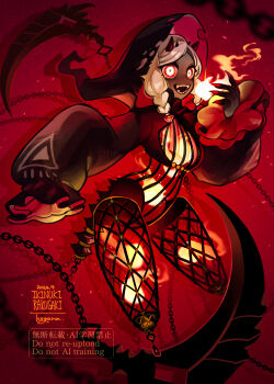1girl braid center_opening chain claws commentary_request commission crop_top fangs fire frilled_sleeves frills full_body glowing glowing_eyes grey_hair highres hogara hood hood_up horns looking_at_viewer monster_girl original pyrokinesis red_background skeb_commission sleeves_past_fingers sleeves_past_wrists solo tail twin_braids yellow_eyes