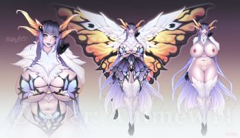 1girl absurdres arthropod_girl artist_name breasts bug butterfly butterfly_wings curvy full_body gigantic_breasts godzilla_(series) gradient_background highres huge_breasts insect insect_girl insect_wings kaiju kolga_art long_hair looking_at_viewer monster_girl moth_girl mothra multiple_views navel neck_fur nipples nude personification plump pubic_tattoo purple_hair purple_lips pussy smile tattoo thick_thighs thighs toho very_long_hair white_fur wings