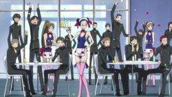 6+girls animated anime_screenshot apron ass audible_speech belly bikini black_hair bouncing_breasts bow bowtie breasts brown_eyes brown_hair butt_crack cafe cleavage closed_eyes code_geass collarbone dark-skinned_female dark_skin detached_collar english_audio eye_twitch fishnets green_eyes grey_hair hair_ornament hand_on_own_hip hands_on_own_hips hands_on_own_knees high_heels highres jewelry kouzuki_kallen large_breasts leaning_forward legs lipstick long_legs maid maid_apron makeup medium_breasts micro_bikini midriff multiple_boys multiple_girls navel one-piece_swimsuit one_eye_closed open_mouth orange_hair purple_lips red_hair ribbon school_swimsuit school_uniform shirley_fenette side-tie_bikini_bottom small_breasts smile sound swimsuit tagme thighhighs undressing video villetta_nu wrist_cuffs yellow_eyes