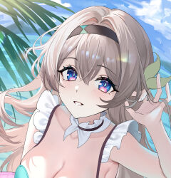 Rule 34 | 1girl, absurdres, bare shoulders, black hairband, blue sky, breasts, cleavage, day, firefly (honkai: star rail), grey hair, grin, hair intakes, hairband, highres, honkai: star rail, honkai (series), long hair, looking at viewer, ocean, outdoors, purple eyes, sicle, sky, smile, solo, unfinished, upper body, very long hair, water