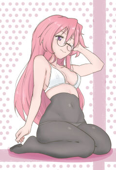 1girl adjusting_hair andreypavlow black_pantyhose blush bra breasts collarbone commentary covered_erect_nipples covered_navel feet full_body glasses hair_between_eyes highres kneeling long_hair lucky_star medium_breasts one_eye_closed panties panties_under_pantyhose pantyhose pink_background pink_hair polka_dot polka_dot_background purple_eyes shadow sidelocks solo stomach takara_miyuki underwear white_background white_bra white_panties