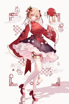 Rule 34 | 1girl, absurdres, abyss of alyss, alternate costume, bell, blonde hair, breasts, chinese clothes, christmas, closed mouth, commentary request, dress, full body, fur-trimmed sleeves, fur trim, genshin impact, hair bell, hair ornament, hair ribbon, hand fan, hand up, high heels, highres, holding, holding fan, long sleeves, looking at viewer, lumine (genshin impact), medium breasts, pom pom (clothes), pom pom hair ornament, red dress, red shoes, ribbon, shadow, shoes, short hair with long locks, smile, solo, thigh strap, thighhighs, white background, white thighhighs, wide sleeves, yellow eyes