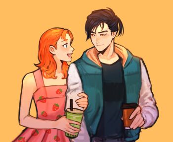 1boy 1girl annette_fantine_dominic annette_fantine_dominic_(timeskip) black_hair black_shirt blue_eyes commentary contemporary cup disposable_cup dress english_commentary felix_hugo_fraldarius felix_hugo_fraldarius_(timeskip) fire_emblem fire_emblem:_three_houses food_print fruit_print height_difference highres locked_arms long_hair long_sleeves looking_at_another nintendo open_clothes orange_eyes orange_hair pink_dress profile sethkiel shirt short_hair simple_background sleeveless sleeveless_dress smile strawberry_print yellow_background