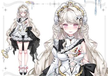 1girl absurdres ankle_bow ankle_ribbon bare_legs black_bow black_shoes blonde_hair bow bow_earrings braid braided_hair_rings breasts buttons capelet center_opening chinese_commentary closed_mouth collared_capelet commentary_request commission cowboy_shot cracked_skin cross-laced_clothes cross-laced_dress doll_joints dot_nose dress dress_bow earrings eyelashes facial_tattoo frilled_capelet frilled_dress frilled_sleeves frills full_body gear_hair_ornament gold_earrings hair_ribbon hair_rings heart_(organ) high_collar highres hoop_earrings jewelry joints juliet_sleeves knees lace lace-trimmed_dress lace_trim large_breasts light_blush lightning_bolt_tattoo lipstick long_hair long_sleeves looking_at_viewer loose_hair_strand low_neckline maid_headdress makeup multiple_braids multiple_views original partially_open_dress pink_bow pink_eyes pink_lips puffy_sleeves reference_sheet ribbon ribbon-trimmed_dress ribbon_trim shanwenyufan shoes short_dress simple_background single_bare_shoulder single_hair_intake single_sleeve sleeves_past_wrists smile socks sparkle spring_(object) standing straight-on striped_clothes striped_socks swept_bangs tattoo vertical-striped_clothes vertical-striped_socks very_long_hair virtual_youtuber wavy_hair white_background white_capelet white_dress white_ribbon white_socks