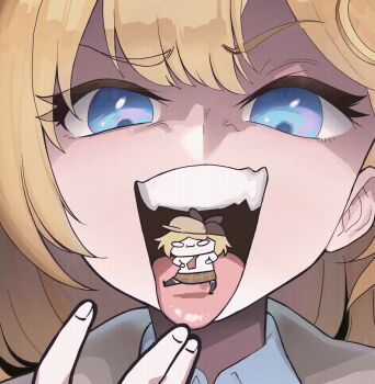 2girls animated animated_gif blonde_hair blue_eyes dancing highres hololive hololive_english looking_at_another looking_down multiple_girls open_mouth shadow short_hair smol_ame teeth tongue tongue_out trembling virtual_youtuber watson_amelia zedd_(zedgawr)