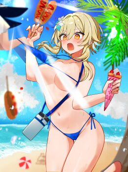 1girl 1other @_@ absurdres accidental_exposure alternate_costume assisted_exposure beach bikini bikini_top_pull blonde_hair blue_bikini blue_sky blush breasts commentary_request commission cowboy_shot crepe day feather_hair_ornament feathers flower food genshin_impact hair_between_eyes hair_flower hair_ornament hand_up hands_up highres holding holding_crepe holding_food kuromu_shado light_censor light_rays lumine_(genshin_impact) medium_breasts navel ocean open_mouth out_of_frame outdoors palm_tree pixiv_commission pulling_another&#039;s_clothes short_hair_with_long_locks side-tie_bikini_bottom sky solo_focus string_bikini sun sunlight swimsuit thermos tree twitter_username yellow_eyes