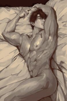 1boy abs arms_up caleb_(love_and_deepspace) commentary_request completely_nude feet_out_of_frame from_above highres love_and_deepspace lxlijin0808 lying male_focus monochrome muscular muscular_male navel nipples nude on_side parted_bangs parted_lips pectorals solo thighs