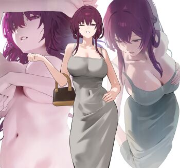 1girl absurdres alternate_costume bag bare_shoulders breasts cleavage collarbone commentary completely_nude covered_navel covering_nipples covering_privates dongtan_dress dress elbow_carry grey_dress hair_between_eyes hand_on_own_chest handbag highres honkai:_star_rail honkai_(series) hood_(james_x) kafka_(honkai:_star_rail) large_breasts looking_at_viewer multiple_views navel nude one_eye_closed parted_lips purple_eyes purple_hair smile stomach tight_clothes tight_dress