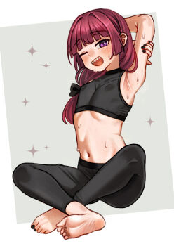 1girl armpits barefoot black_pants black_shirt blush bocchi_the_rock! butterfly_sitting covered_erect_nipples exercising eyebrows_hidden_by_hair flat_chest full_body hakai_no_ika highres hiroi_kikuri long_hair looking_at_viewer nail_polish navel one_eye_closed open_mouth pants ponytail purple_eyes purple_hair sharp_teeth shirt simple_background sitting smile soles solo stomach stretching sweat teeth toenail_polish toenails toes upper_teeth_only yoga yoga_pants