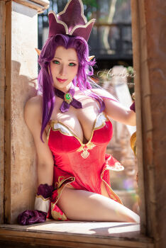 1girl angela_(seiken_densetsu_3) angela_(seiken_densetsu_3)_(cosplay) artist_name breasts cleavage cosplay cosplay_photo fake_ears female_focus gloves hair_intakes hane_ame highres large_breasts leotard long_hair patreon_username photo_(medium) pointy_ears purple_gloves real_life red_leotard seiken_densetsu seiken_densetsu_3 showgirl_skirt sidelocks solo square_enix swept_bangs thighs watermark web_address