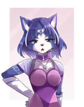 1girl adapted_costume animal_ears animal_nose aqua_eyes arm_tattoo blue_fur blue_gemstone blue_hair body_fur border breasts circlet cleavage_cutout clothing_cutout collarbone earpiece female_focus fox_ears fox_girl furry furry_female gem gloves gradient_background half-closed_eyes hand_on_own_hip highres krystal looking_to_the_side medium_breasts multicolored_hair multicolored_shirt namagaki_yukina nintendo open_mouth outline outside_border pink_shirt purple_background purple_shirt raglan_sleeves shirt short_hair short_sleeves simple_background solo standing star_fox star_fox_command streaked_hair tattoo two-tone_fur two-tone_hair upper_body white_border white_fur white_gloves