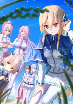6+girls absurdres awoka7c2 blonde_hair blue_capelet blue_eyes blue_hair blue_sky blunt_bangs blurry blurry_foreground bow bowtie braid breasts brooch brown_eyes brown_hair capelet closed_mouth cloud coat collared_shirt commentary_request crossed_arms day detached_sleeves dress flower frills gloves green_eyes hair_between_eyes hair_bow hair_ornament hair_over_one_eye hair_ribbon hand_on_own_hip hand_on_own_knee hand_on_own_thigh hands_on_own_hips hands_on_own_knees hat headgear heaven_burns_red highres horns jacket jewelry kiryuu_miya kneehighs kura_satomi lab_coat large_breasts leaning_forward long_hair long_sleeves looking_at_viewer medium_breasts mini_hat miniskirt multiple_girls necktie ogasawara_hisame open_mouth orange_eyes outdoors pantyhose pink_bow pink_bowtie pink_eyes pink_hair pink_necktie pink_ribbon pleated_skirt ponytail purple_bow purple_bowtie purple_eyes purple_hair purple_necktie purple_ribbon red_eyes ribbon school_uniform shirakawa_yuina shirt short_hair sidelocks skirt sky small_breasts smile socks squatting standing sugawara_chie thighhighs tsukishiro_monaka very_long_hair white_coat white_hair white_jacket white_pantyhose white_shirt white_skirt yellow_eyes zettai_ryouiki
