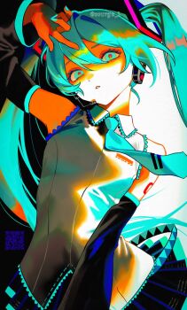 1girl aqua_eyes aqua_hair aqua_nails aqua_necktie artist_name black_sleeves collared_shirt commentary detached_sleeves hatsune_miku highres looking_at_viewer necktie qr_code red_pupils shirt solo ssurge_l twintails twitter_username vocaloid