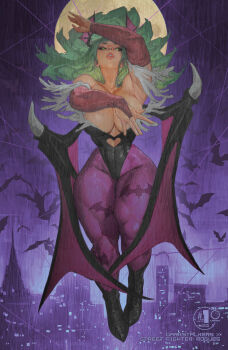 1girl animal_print arm_up armpits bare_shoulders bat_(animal) bat_print bat_wings black_leotard boots breasts bridal_gauntlets cityscape cleavage clothing_cutout commentary covering_breasts covering_privates curvy cutout_above_navel darkstalkers demon_girl detached_sleeves earrings english_commentary floating_hair flying full_body full_moon gloves green_eyes green_hair head_wings heart_cutout highleg highleg_leotard highres ickpot jewelry large_breasts leotard lips long_hair looking_at_viewer low_wings moon morrigan_aensland night night_sky pantyhose parted_lips print_pantyhose purple_pantyhose rain sky solo strapless thick_thighs thighs udon_entertainment wide_hips wings