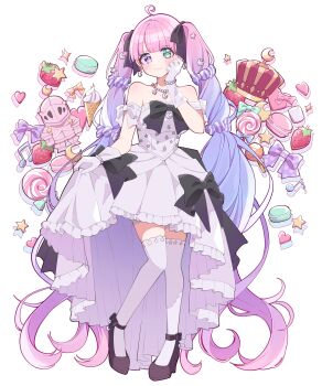 1girl absurdly_long_hair absurdres alternate_costume arched_crown arm_bow bare_shoulders bead_bracelet bead_necklace beads beamed_eighth_notes black_bow black_footwear blush bow bracelet candy closed_mouth clothes_lift crescent crescent_earrings crescent_hair_ornament crown dress dress_bow dress_lift earrings food frilled_dress frills fruit full_body gloves gradient_hair green_eyes hair_bow hair_ornament hand_on_own_face heart heterochromia high-low_dress high-low_skirt high_heels highres himemori_luna himemori_luna_(dress) hololive invisible_floor jewelry kam_tuki lollipop long_hair luknight_(himemori_luna) macaron marshmallow multicolored_hair musical_note necklace pink_hair purple_bow purple_eyes purple_hair smile solo standing star_(symbol) star_hair_ornament strapless strapless_dress strawberry striped_bow swirl_lollipop thighhighs twintails unworn_crown unworn_headwear very_long_hair virtual_youtuber white_background white_bow white_dress white_gloves white_thighhighs zettai_ryouiki