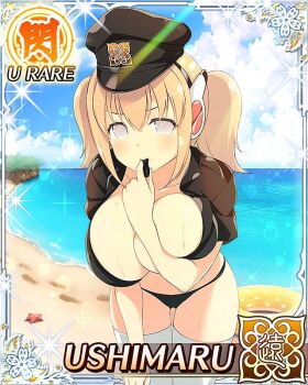 1girl beach bikini black_bikini black_shirt blowing_whistle border breast_press breasts bright_pupils card_(medium) character_name day footprints game_cg grey_eyes hand_on_own_thigh hat headphones huge_breasts leaning_forward looking_at_viewer medium_hair ocean official_art orange_hair police police_hat police_uniform policewoman senran_kagura senran_kagura_new_wave shirt short_twintails solo starfish sweat swim_ring swimsuit thighhighs third-party_source twintails ushimaru_(senran_kagura) whistle white_pupils white_thighhighs