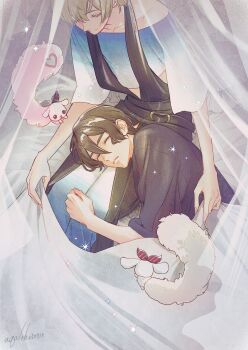 2boys akua belt black_belt black_dress black_shirt blonde_hair blue_shirt brown_hair closed_eyes closed_mouth commentary_request curtains dress highres himmy_(pretty_series) king_of_prism kisaragi_louis lap_pillow lying male_focus multiple_boys norizuki_jin on_bed on_side pretty_rhythm pretty_series shirt short_hair sitting sleeping sparkle squirrel under_covers yammy_(pretty_series)