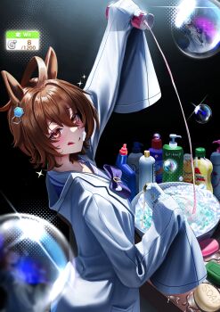 1girl absurdres agnes_tachyon_(tach-nology)_(umamusume) agnes_tachyon_(umamusume) ahoge animal_ears bottle bow brown_hair closed_mouth gameplay_mechanics hair_between_eyes highres holding holding_bottle horse_ears horse_girl lab_coat licking_lips looking_at_viewer manjo_(warito) purple_bow purple_sailor_collar red_eyes sailor_collar school_uniform short_hair sleeves_past_fingers sleeves_past_wrists smile soap solo tongue tongue_out tracen_school_uniform umamusume