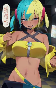 1girl :d aqua_hair armpit_crease bandeau blonde_hair blue_eyes blush breasts canari_(pokemon) checkered_floor collarbone cropped_jacket dark-skinned_female dark_skin hair_ornament highres indoors jacket looking_at_viewer medium_breasts monitor multicolored_hair navel nintendo open_mouth pepushi_drow pokemon pokemon_legends:_z-a smile solo speech_bubble split-color_hair steaming_body stomach sweat translation_request twintails undressing yellow_bandeau yellow_jacket zipper_pull_tab