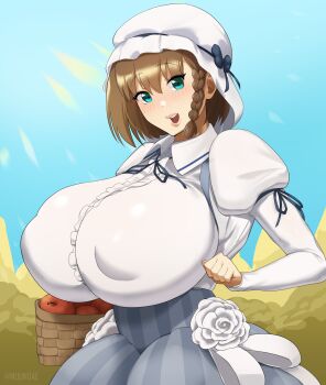 absurdres apple basket blue_eyes blush braid breasts brown_hair charlotte_corday_(fate) charlotte_corday_(second_ascension)_(fate) corset covered_areolae fate/grand_order fate_(series) flower food fruit gigantic_breasts hat highres lips muundae puffy_sleeves short_hair smile