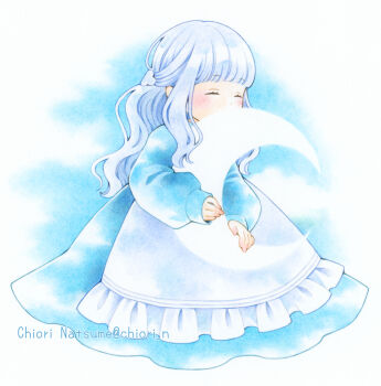1girl apron blue_dress blue_hair blush chiori_n closed_eyes colored_pencil_(medium) commentary_request crescent_moon dress holding_moon long_hair moon original smile solo traditional_media