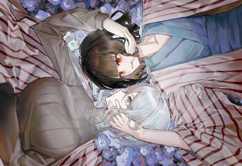 Rule 34 | black hair, blue eyes, blue kimono, bob cut, bochishiraita, breasts, cigarette, closed mouth, coat, faust (project moon), flower, forest for the flames (e.g.o), grey sweater, highres, japanese clothes, kimono, large breasts, limbus company, long sleeves, looking at another, lying, on back, project moon, purple flower, red eyes, representation emitter (e.g.o), ryoshu (project moon), short hair, striped clothes, striped coat, sweater, upper body, white coat, white hair