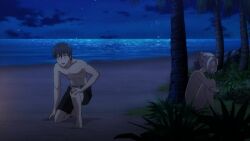 1boy 1girl animated anime_screenshot beach blush breasts brown_hair cloud convenient_arm convenient_censoring covering_breasts covering_crotch covering_privates fire flashback hair_bun highres hoshizaki_rika_(kanojo_mo_kanojo) kanojo_mo_kanojo kiryuu_shino moon mukai_naoya navel night nude outdoors purple_eyes sand short_hair sky small_breasts sound star_(sky) starry_sky subtitled sweat sweatdrop video white_hair