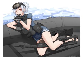 1girl absurdres blush boat bodysuit borrowed_character brown_eyes commentary day diving_mask diving_mask_on_head diving_suit english_commentary flippers gloves goggles goggles_on_head grey_gloves grey_hair gun highres holstered inflatable knife looking_at_viewer open_mouth original rebreather short_sleeves solo swept_bangs twitter_username vectorek water watercraft weapon weapon_request wetsuit