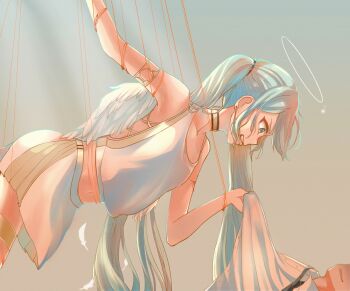 1boy 1girl absurdres amd_aoneko bare_shoulders blood blue_eyes blue_hair choker clenched_teeth earrings feathered_wings feathers from_side grey_background halo hatsune_miku highres jewelry long_hair looking_at_another parted_lips shirt side-tie_shirt simple_background skirt sleeveless sleeveless_shirt teeth twintails very_long_hair vocaloid white_shirt white_skirt white_wings wings wire