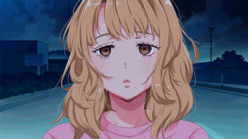 1girl blonde_hair blush after_rape brown_eyes cloud crying crying_with_eyes_open engawa_suguru female_focus highres house long_hair looking_at_viewer mole mole_under_mouth night original outdoors parted_lips road roshutsudo_no_takai_hitchhike_gal_wo... sky solo tears tree upper_body
