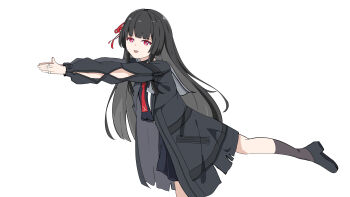 1girl absurdres arm_cutout black_hair black_jacket black_shirt black_shoes black_skirt black_socks chinese_commentary chisa_(wuthering_waves) clothing_cutout commentary_request hair_ribbon highres jacket leg_up long_hair long_sleeves looking_at_viewer meme mole mole_under_eye neckerchief open_mouth outstretched_arms qianbihezhong red_eyes red_neckerchief red_ribbon ribbon sakana~_(meme) shirt shoes simple_background skirt smile socks solo turning_head white_background wuthering_waves