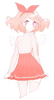 1girl blush bow breasts commentary english_commentary female_focus floating_head hair_bow halphelt highres looking_at_viewer medium_hair original pink_eyes red_bow red_skirt ribbed_sweater simple_background skirt skirt_hold small_breasts solo standing sweater thighhighs white_background white_sweater winding_key