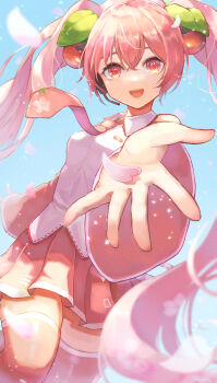 1girl absurdres breasts cherry_blossoms cherry_hair_ornament collared_shirt commentary_request detached_sleeves falling_petals food-themed_hair_ornament hair_between_eyes hair_ornament hatsune_miku headset highres hinata_(hiantart9215) long_hair long_sleeves looking_at_viewer medium_breasts miku_day necktie open_mouth petals pink_eyes pink_hair pink_necktie pink_petals pink_skirt pleated_skirt reaching reaching_towards_viewer sakura_miku shirt skirt sleeveless sleeveless_shirt smile solo thighhighs twintails very_long_hair vocaloid white_shirt wide_sleeves zettai_ryouiki