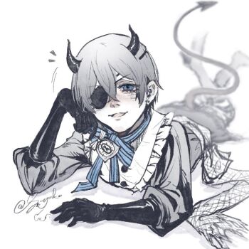 1boy blue_eyes ciel_phantomhive demon_horns demon_tail eyepatch gloves horns kuroshitsuji limited_palette male_focus ouji_fashion shota szyoko0526 tail white_background