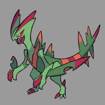 animal_focus colored_sclera commentary english_commentary fakemon fangs full_body gen_3_pokemon grey_background highres mega_pokemon mega_sceptile nintendo no_humans open_mouth orange_eyes original pokemon pokemon_(creature) pokemon_focus rgreywind sceptile simple_background solo v-shaped_eyes yellow_sclera