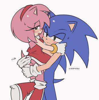 1boy 1girl amy_rose animated animated_gif ass ass_focus blush boots bracelet carrying carrying_person clothes_lift dress dress_lift embarrassed fang gloves gold_bracelet grabbing_another's_ass green_eyes groping hairband half-closed_eyes hand_on_another's_ass hug jewelry medium_hair nervous no_panties pink_fur pink_hair red_boots red_dress red_hairband sega sonic_(series) sonic_the_hedgehog spiked_hair sweat sweatdrop tail usarozu white_gloves