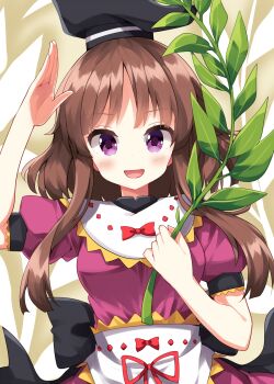 Rule 34 | 1girl, :d, apron, arm up, back bow, black bow, black hat, blush, bow, brown hair, commentary, dress, hat, highres, holding, long hair, looking at viewer, myouga (plant), nishida satono, open mouth, pink dress, puffy short sleeves, puffy sleeves, purple eyes, red bow, red ribbon, ribbon, ruu (tksymkw), short sleeves, sidelocks, smile, solo, tate eboshi, touhou, upper body, waist apron, white apron
