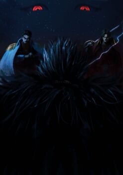 1other 3boys absurdres artist_name black_hair cape closed_mouth coat coat_on_shoulders confrontation cracking_knuckles crain1art embers eye_trail facial_hair fur_cape glowing glowing_eyes gol_d._roger haki_(one_piece) highres holding holding_sword holding_weapon imu_(one_piece) instagram_logo instagram_username light_trail medium_hair monkey_d._garp multiple_boys one_piece open_mouth own_hands_together red_coat red_eyes ringed_eyes rocks_d._xebec short_hair stubble sword teeth twitter_logo twitter_username weapon white_coat white_hair