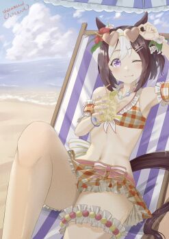 1girl animal_ears arm_garter bare_shoulders beach beach_chair bead_necklace beads bikini bikini_skirt blue_sky blush bracelet breasts brown_hair closed_mouth cloud cup drinking_straw ear_flower eyewear_on_head flower flower_bracelet food frilled_bikini frills fruit hair_flower hair_ornament heart heart-shaped_eyewear hibiscus highres holding holding_cup horse_ears horse_girl horse_tail ice ice_cube jewelry lemon lemon_slice lemonade looking_at_viewer multicolored_hair navel necklace ocean official_alternate_costume one_eye_closed orange_bikini outdoors plaid_bikini plaid_clothes purple_eyes shiranui_(jari_boy) short_hair sitting sky smile special_week_(hopp&#039;n_happy_heart)_(umamusume) special_week_(umamusume) stomach sunglasses swimsuit tail thigh_strap tinted_eyewear tongue tongue_out two-tone_hair umamusume umbrella water white_hair wrist_flower