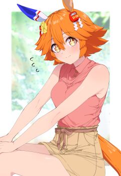 +_+ 1girl absurdres animal_ears bare_shoulders blush breasts brown_shorts closed_mouth clover_hair_ornament commentary_request daruma_doll daruma_doll_hair_ornament ear_covers flipped_hair four-leaf_clover_hair_ornament hair_between_eyes hair_ornament highres horse_ears horse_girl horse_tail looking_at_viewer matikanefukukitaru_(umamusume) medium_breasts nerukichikatafukuma orange_hair pink_shirt shirt short_hair shorts single_ear_cover sleeveless sleeveless_shirt smile solo tail umamusume