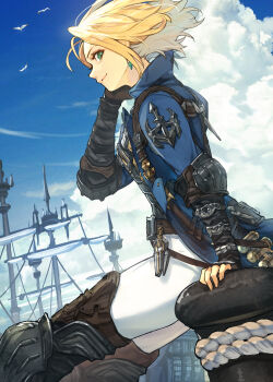 1girl absurdres blonde_hair blue_jacket blue_sky cloud cloudy_sky earrings elbow_pads final_fantasy final_fantasy_xiv green_eyes harbor hide_(hideout) highres jacket jewelry mast pants sail ship short_hair sitting sky solo watercraft white_pants