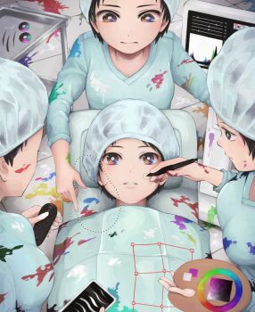 4girls black_hair bright_pupils commentary hair_net holding holding_stylus hospital_gown lying multiple_girls multiple_persona on_back operating_table orange_eyes original paint_splatter paint_palette stylus table white_pupils yajirushi_(chanoma)